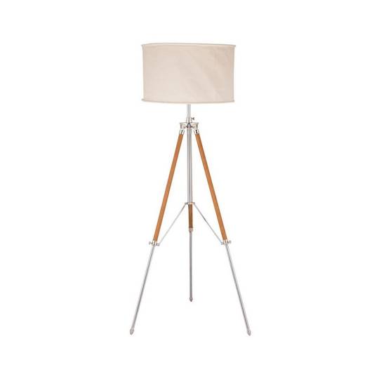 Tripod Floor Lamp and Shade - Nickel With Brass Leather / Natural Canvas